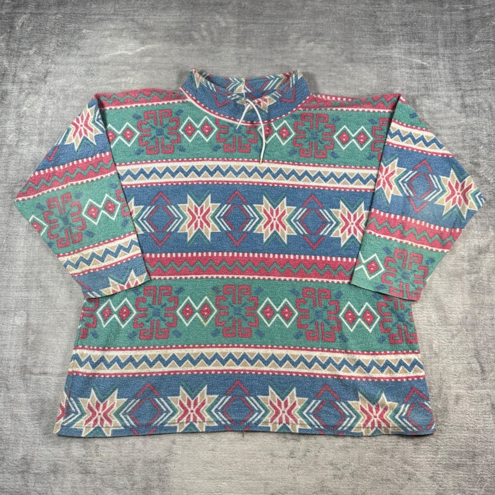 Vintage Aztec Sweater Womens XL Blue 90s Fleece Southwestern Geometric Mock neck